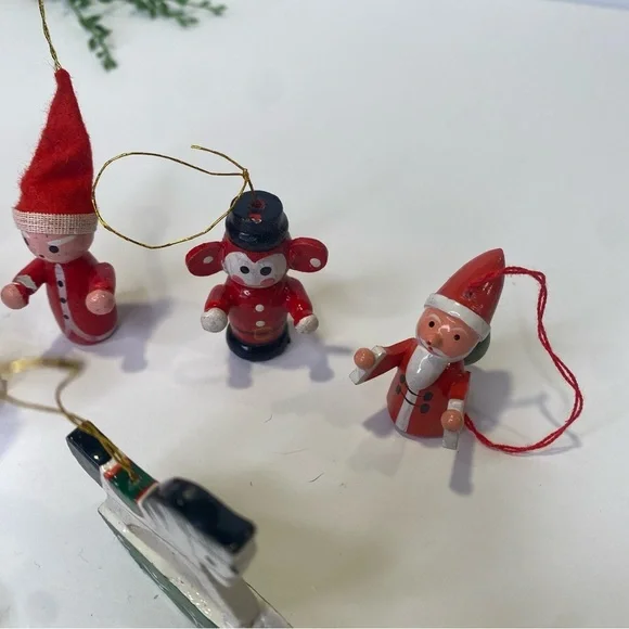 Group of 7 Tiny Ornaments Wooden Hand Painted Made in Japan Red Angels Monkey